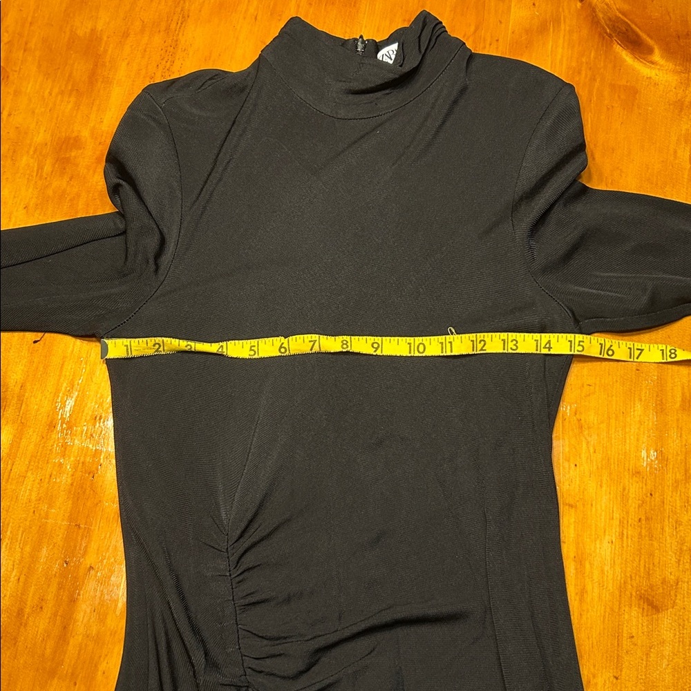 Zara Black Draped Sheath Long Sleeve Ruched Mock Neck Dress with Side Slit Glam - Picture 5 of 14